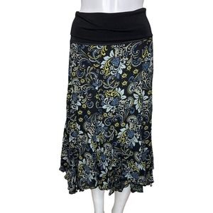 Cabi Skirt Womens Small Black‎ Floral Reversible A Line Lettuce Hem Bohemian